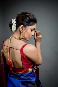 Actress Vani Bhojan Red And Blue Silk Saree Photos