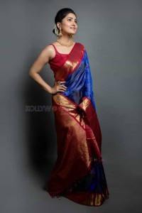 Actress Vani Bhojan Red And Blue Silk Saree Photos