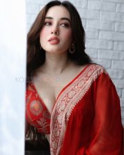 Alluring Aditi Budhathoki Cleavage in a Red Banarasi Saree Photos 01