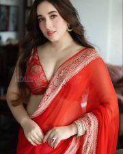 Alluring Aditi Budhathoki Cleavage in a Red Banarasi Saree Photos 03