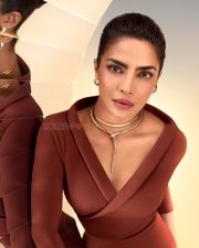 Bulgari Global Ambassador Priyanka Chopra Jonas in a Rust Brown Off Shoulder Wrap Dress Pictures 01