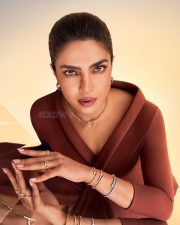 Bulgari Global Ambassador Priyanka Chopra Jonas in a Rust Brown Off Shoulder Wrap Dress Pictures 02