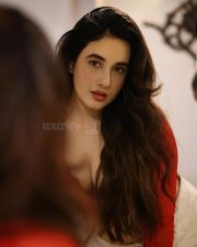 Busty Aditi Budhathoki Cleavage in a Red Mesh Long Sleeved Crop Top Pictures 02