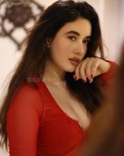 Busty Aditi Budhathoki Cleavage in a Red Mesh Long Sleeved Crop Top Pictures 03