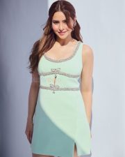 Chic Actress Aamna Sharif in a Mint Green Embellished Mini Dress Photos 04
