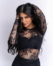 Coolie Actress Shruti Haasan in a Bold Gothic Black Bralette with a Sheer Lace Maxi Dress Photos 01