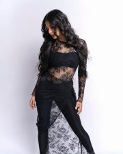 Coolie Actress Shruti Haasan in a Bold Gothic Black Bralette with a Sheer Lace Maxi Dress Photos 02