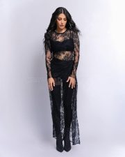 Coolie Actress Shruti Haasan in a Bold Gothic Black Bralette with a Sheer Lace Maxi Dress Photos 03
