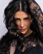 Coolie Actress Shruti Haasan in a Bold Gothic Black Bralette with a Sheer Lace Maxi Dress Photos 04
