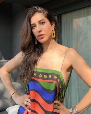 Curvy Beauty Sophie Choudry in a Colorful Printed Dress with Bare V Neck Back Dress Pictures 01