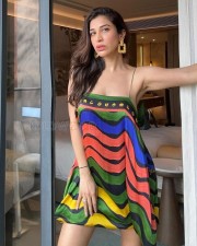Curvy Beauty Sophie Choudry in a Colorful Printed Dress with Bare V Neck Back Dress Pictures 03