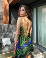 Curvy Beauty Sophie Choudry in a Colorful Printed Dress with Bare V Neck Back Dress Pictures 04