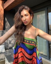 Curvy Beauty Sophie Choudry in a Colorful Printed Dress with Bare V Neck Back Dress Pictures 05