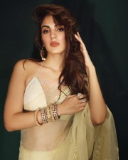 Dazzling Beauty Rhea Chakraborty in a Transparent Cream Net Saree Photos 03