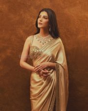 Elegant Actress Shruti Haasan in a Golden Embellished Saree Photos 04