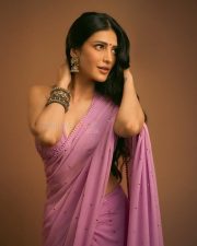 Elegant Actress Shruti Haasan in a Lavender Sequin Saree Photos 03