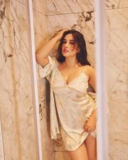 Elegant Aditi Budhathoki in a Floral Printed Satin Slip Dress with White Lace Trim Pictures 03