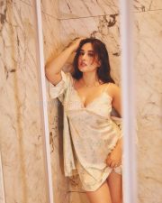 Elegant Aditi Budhathoki in a Floral Printed Satin Slip Dress with White Lace Trim Pictures 03