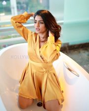 Glamorous Actress Eesha Rebba in a Mustard Yellow Satin Dress Photos 01