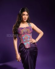 Glamorous Actress Shruti Haasan in a Purple Paisley Embellished Corset Top Satin Skirt Photos 01