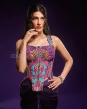 Glamorous Actress Shruti Haasan in a Purple Paisley Embellished Corset Top Satin Skirt Photos 02
