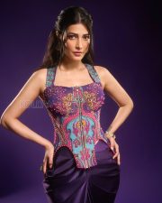 Glamorous Actress Shruti Haasan in a Purple Paisley Embellished Corset Top Satin Skirt Photos 03