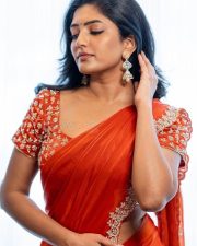 Glamorous Eesha Rebba in a Red Orange Chiffon Saree with a Short Sleeved Blouse Pictures 03