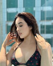 Gorgeous Nepali Beauty Aditi Budhathoki in a Black Cherry Printed Pool Bikini Photos 03