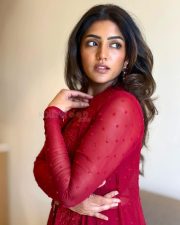 Graceful Actress Eesha Rebba in a Red Embroidered Anarkali with Sheer Jacket Photos 01