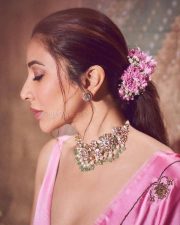 Hot Sophie Choudhry Cleavage in a Rose Pink Satin Saree with Sleeveless Blouse Photos 01
