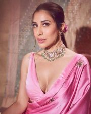 Hot Sophie Choudhry Cleavage in a Rose Pink Satin Saree with Sleeveless Blouse Photos 02