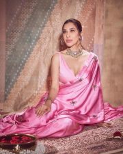 Hot Sophie Choudhry Cleavage in a Rose Pink Satin Saree with Sleeveless Blouse Photos 03
