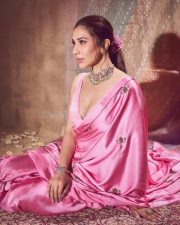 Hot Sophie Choudhry Cleavage in a Rose Pink Satin Saree with Sleeveless Blouse Photos 04