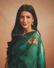 Luminous Actress Shruti Haasan in a Teal Green Embroidered Organza Saree with Gold Peacock Motif Photos 04