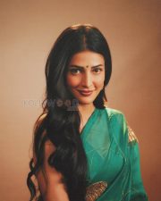 Luminous Actress Shruti Haasan in a Teal Green Embroidered Organza Saree with Gold Peacock Motif Photos 06