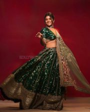 Mama Mascheendra Actress Eesha Rebba in an Emerald Green Embroidered Lehenga Gown with an Embellished Deep V Neckline Blouse Photos 02