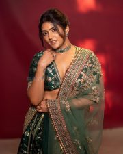 Mama Mascheendra Actress Eesha Rebba in an Emerald Green Embroidered Lehenga Gown with an Embellished Deep V Neckline Blouse Photos 05