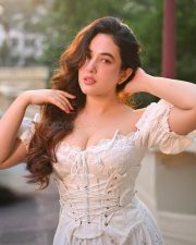 Nepali Natural Beauty Aditi Budhathoki in a White off Shoulder Lace Corset Dress Pictures 02