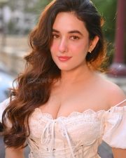 Nepali Natural Beauty Aditi Budhathoki in a White off Shoulder Lace Corset Dress Pictures 04