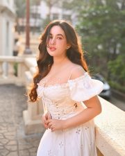 Nepali Natural Beauty Aditi Budhathoki in a White off Shoulder Lace Corset Dress Pictures 07