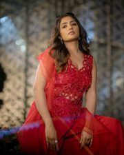 Nitham Oru Vaanam Actress Eesha Rebba in a Red Sleeveless Floral Cut Corset Bodice with a Wide Leg Red Trousers Pictures 02