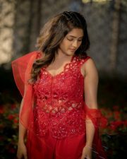 Nitham Oru Vaanam Actress Eesha Rebba in a Red Sleeveless Floral Cut Corset Bodice with a Wide Leg Red Trousers Pictures 04