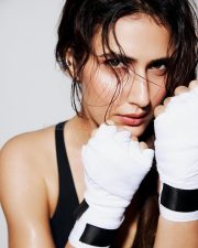 Nyaya Actress Fatima Sana Shaikh in a Boxing Themed Black Sports Bra with Satin Boxing Shorts and Hand Wraps Photos 02