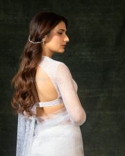 Nyaya Actress Fatima Sana Shaikh in a White Lace Saree with Lace Cleavage Blouse Photos 02