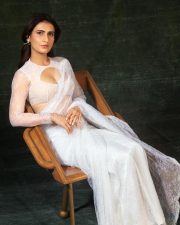 Nyaya Actress Fatima Sana Shaikh in a White Lace Saree with Lace Cleavage Blouse Photos 04