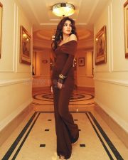 Rhea Chakraborty in a Chocolate Brown Off Shoulder Lycra Gown Photos 04