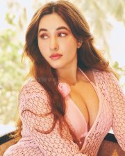 Sensual Aditi Budhathoki Cleavage in a pink knit cardigan Photos 02