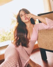 Sensual Aditi Budhathoki Cleavage in a pink knit cardigan Photos 05