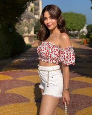Sexy Aamna Sharif in an Off Shoulder Red Cherry Printed Crop Top with a White Denim Shorts Pictures 04