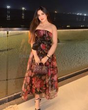 Sexy Actress Aditi B in a Black Strapless Floral Midi Dress Pictures 01